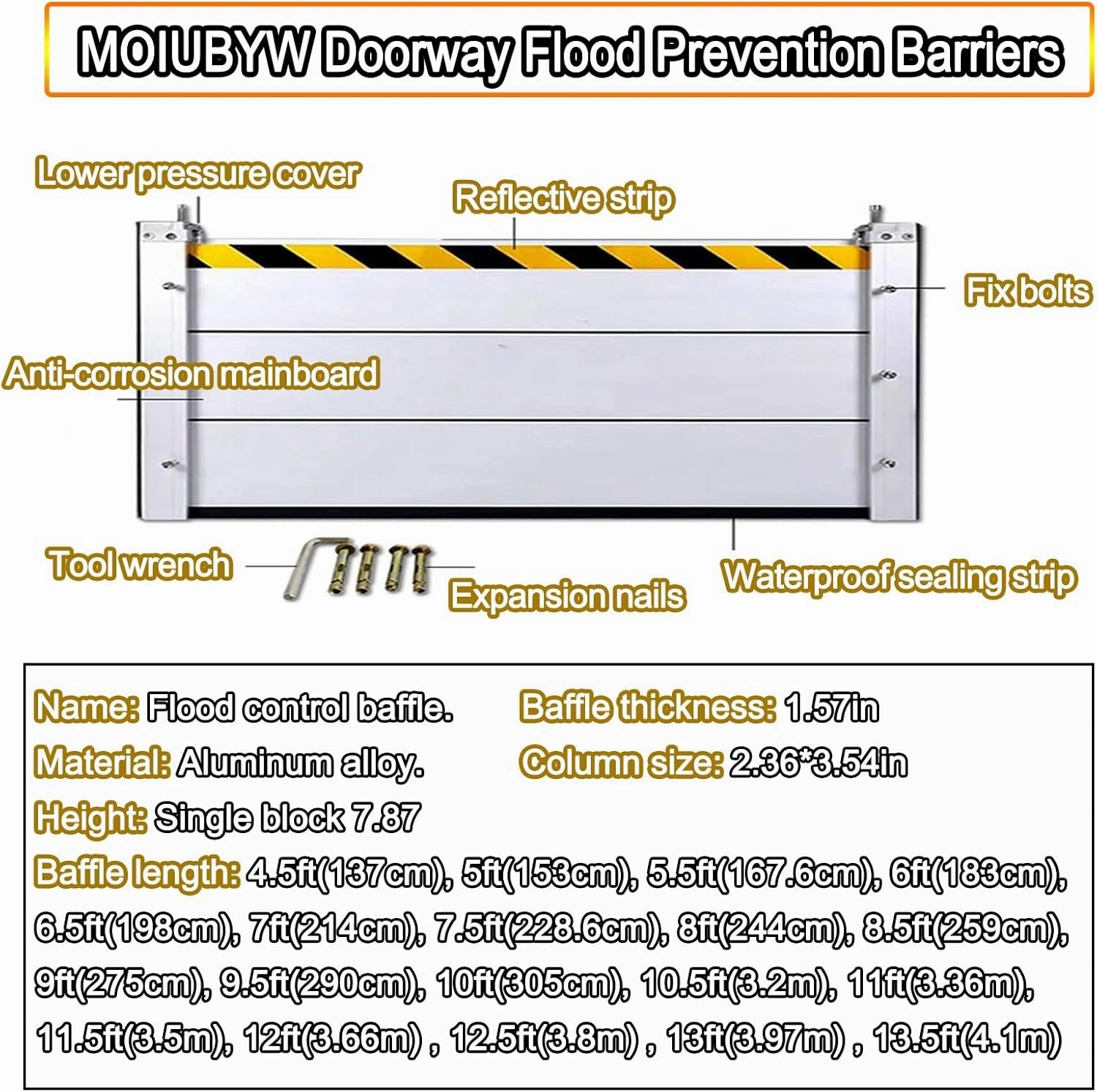 Garage/Home/Doors Metal Flood Control Barrier 3/4/5/6/7/8/9/10/11/12/13/14/15/16ft Aluminum Flood Protection Barriers Shield Interior/External Mounting Upright Reusable Removable Water(H 2.6ft