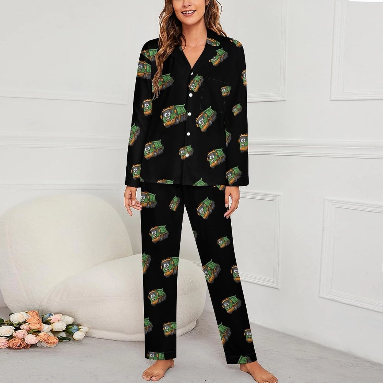 Garbage Truck Printed Women's Long Sleeve Pajama Set Soft Lounge Pjs Sleepwear