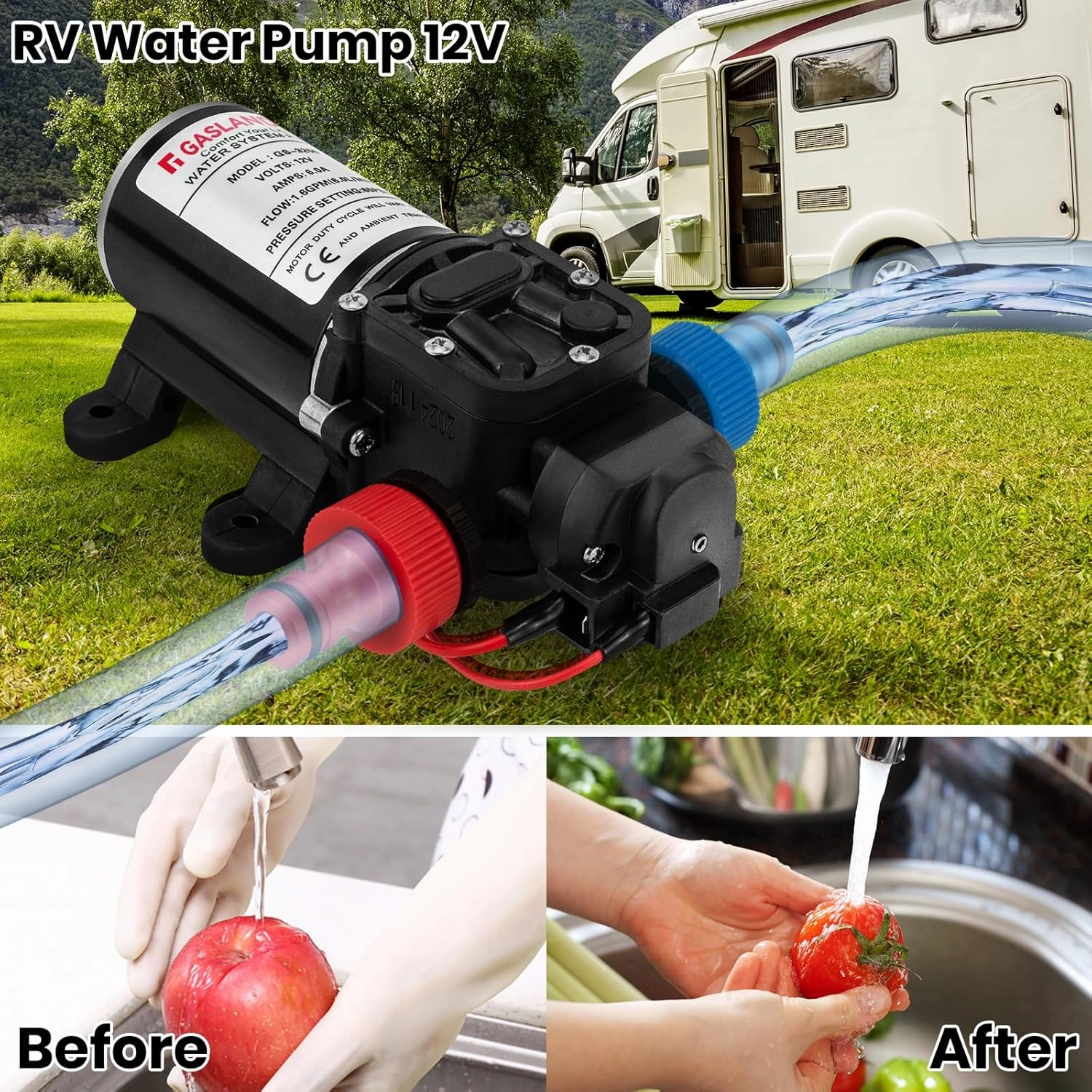 GASLAND Water Pressure Pump, 12V DC 1.6 GPM 65 PSI Diaphragm Water Pump for RV Caravan Marine Fishing Boat Lawn