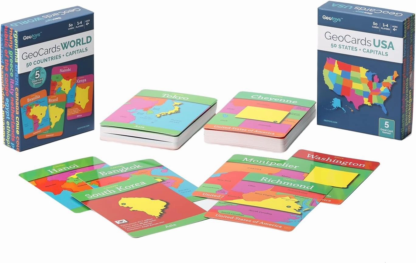 Geotoys GeoCards, World & USA Flash Cards Geography Game, Kids Card Game for Home, School & Travel, States and Capitals Flash Cards, Card Games for Families, Kids Educational Games Ages 4 and Up