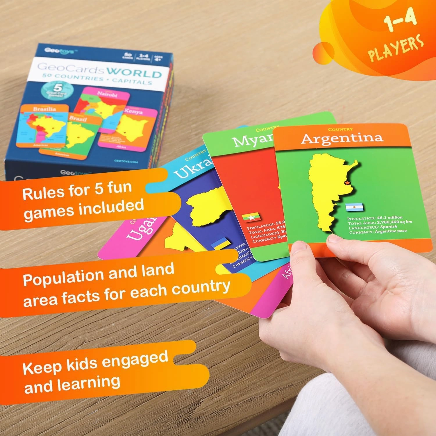 Geotoys GeoCards, World & USA Flash Cards Geography Game, Kids Card Game for Home, School & Travel, States and Capitals Flash Cards, Card Games for Families, Kids Educational Games Ages 4 and Up