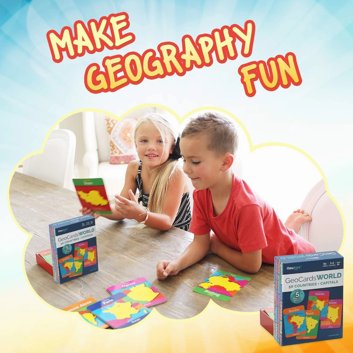 Geotoys GeoCards, World & USA Flash Cards Geography Game, Kids Card Game for Home, School & Travel, States and Capitals Flash Cards, Card Games for Families, Kids Educational Games Ages 4 and Up