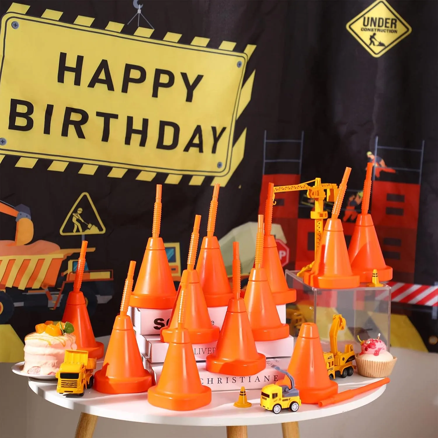 Gerrii Construction Cone Cups with Straws Bulk, Plastic Race Car Party Cups with Straws Set Reusable for Traffic Race Car Birthday Party Supplies, 10 oz(Orange,24 Pieces)