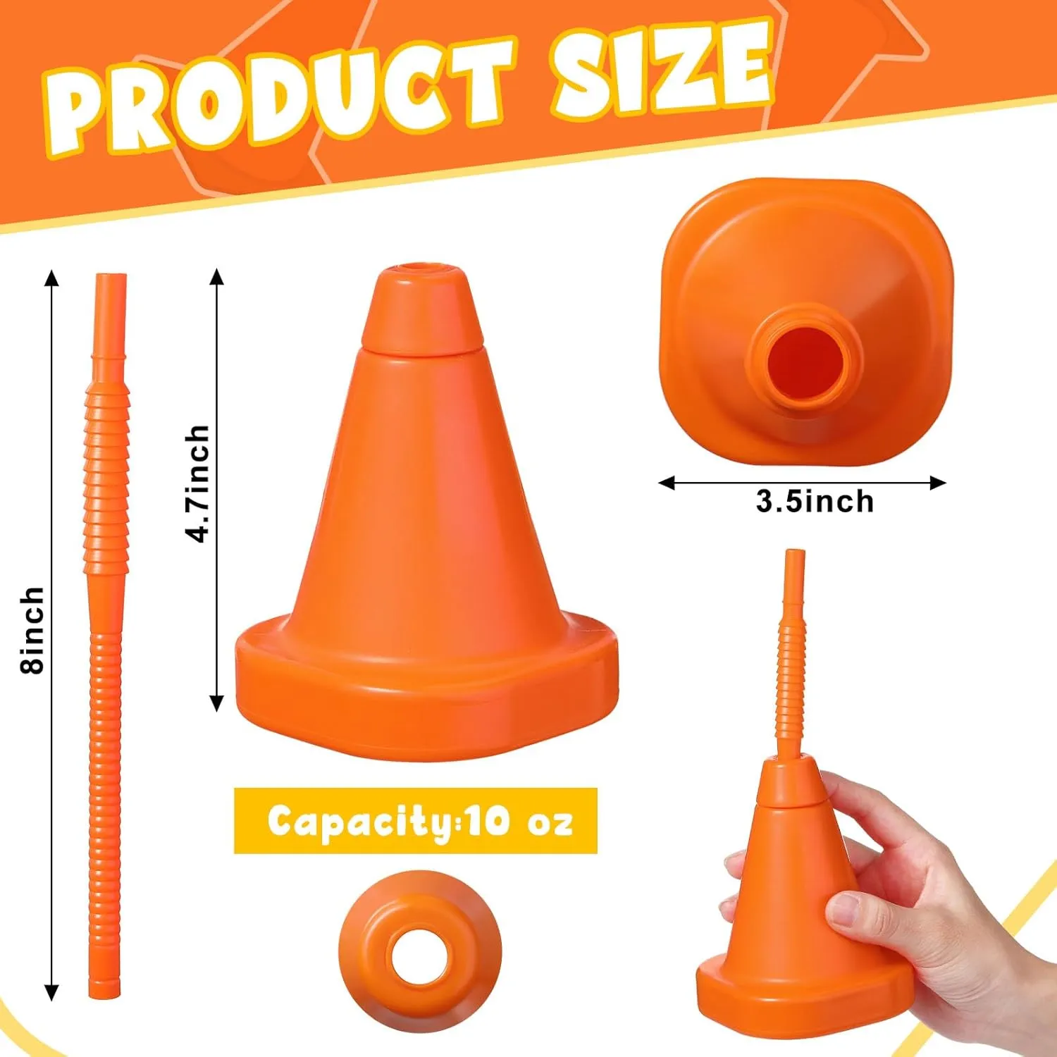 Gerrii Construction Cone Cups with Straws Bulk, Plastic Race Car Party Cups with Straws Set Reusable for Traffic Race Car Birthday Party Supplies, 10 oz(Orange,24 Pieces)