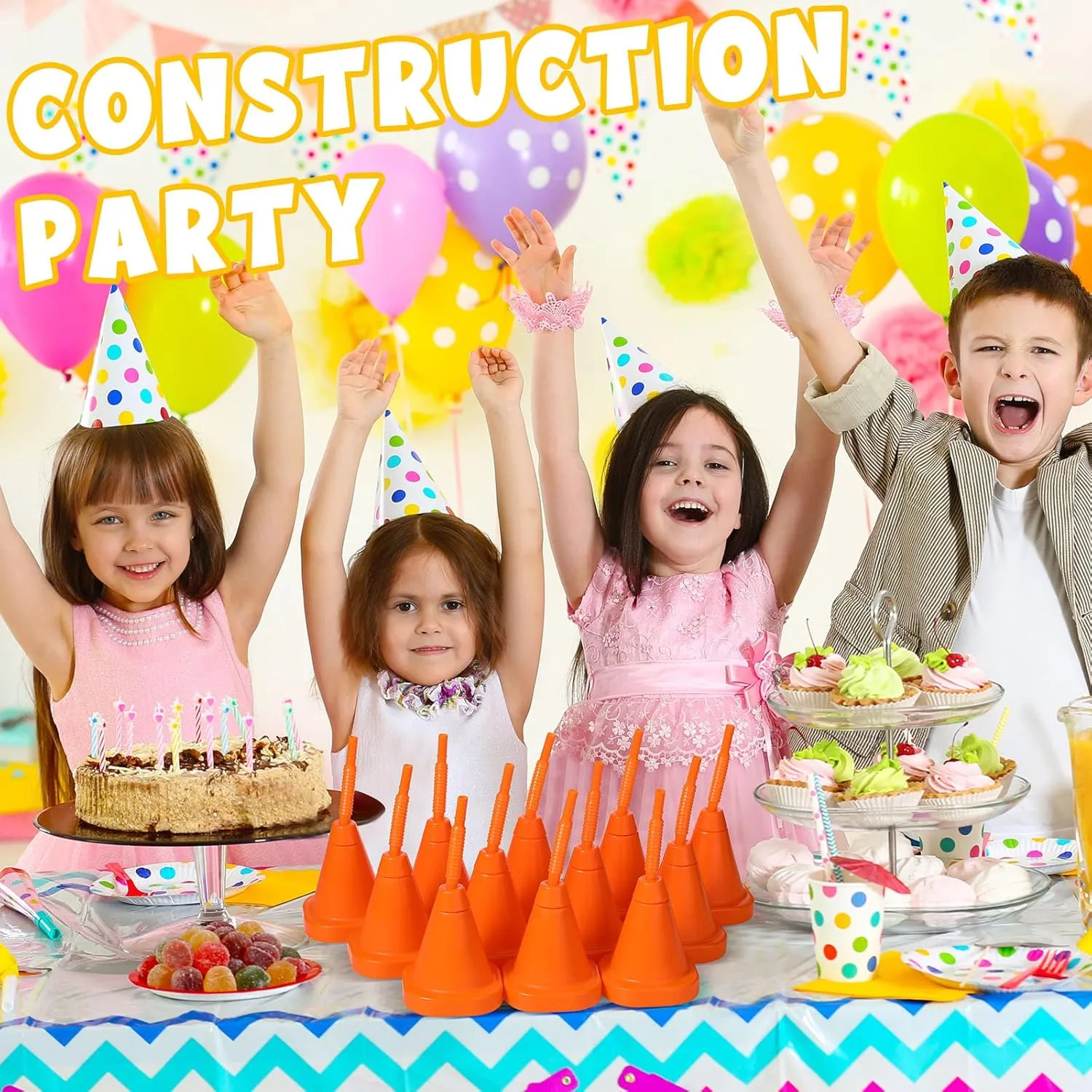 Gerrii Construction Cone Cups with Straws Bulk, Plastic Race Car Party Cups with Straws Set Reusable for Traffic Race Car Birthday Party Supplies, 10 oz(Orange,24 Pieces)