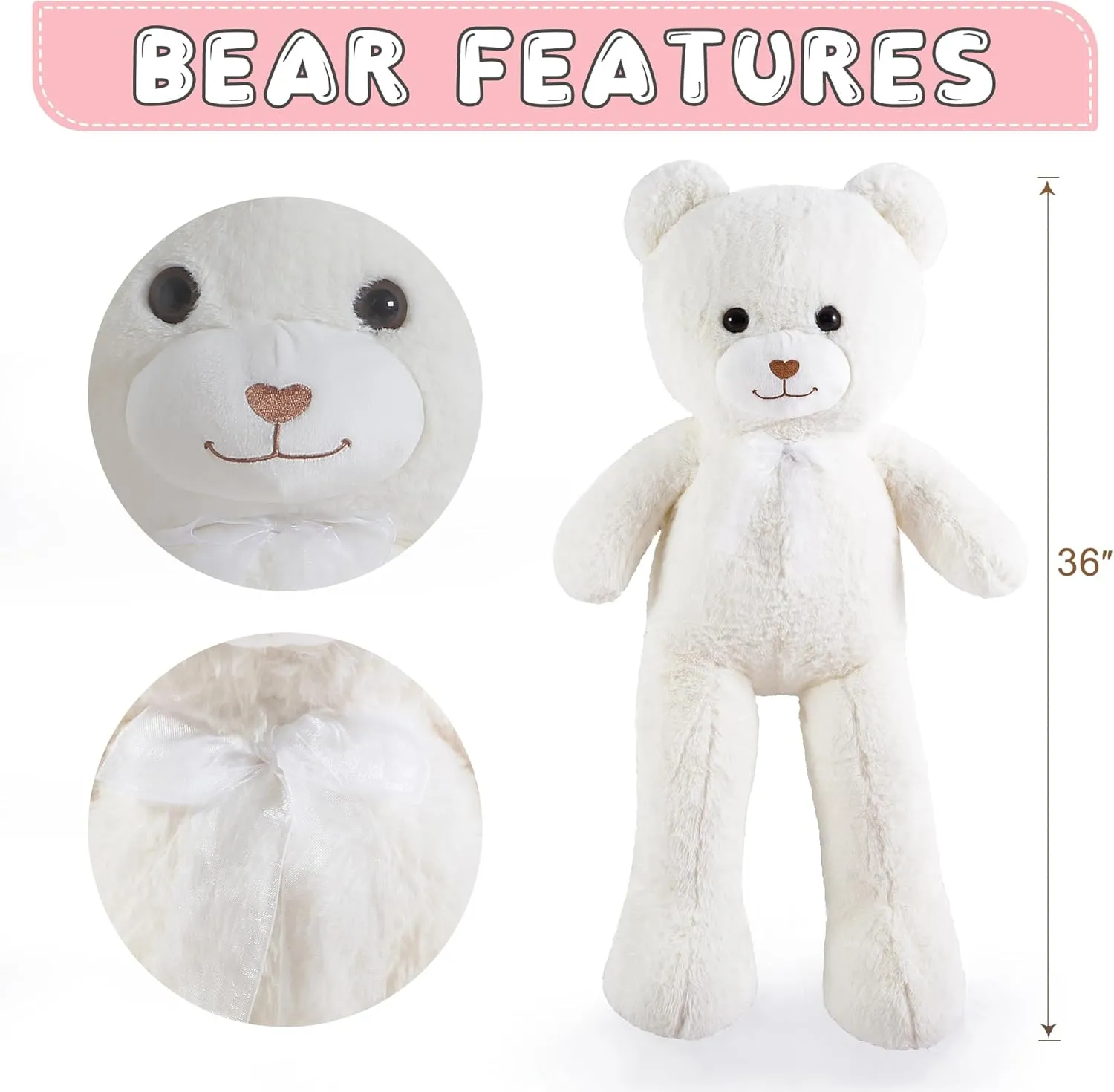 Giant Stuffed Animal White Large Teddy Bear Plush Toy for Girlfriend Women Kids for Valentines Birthday