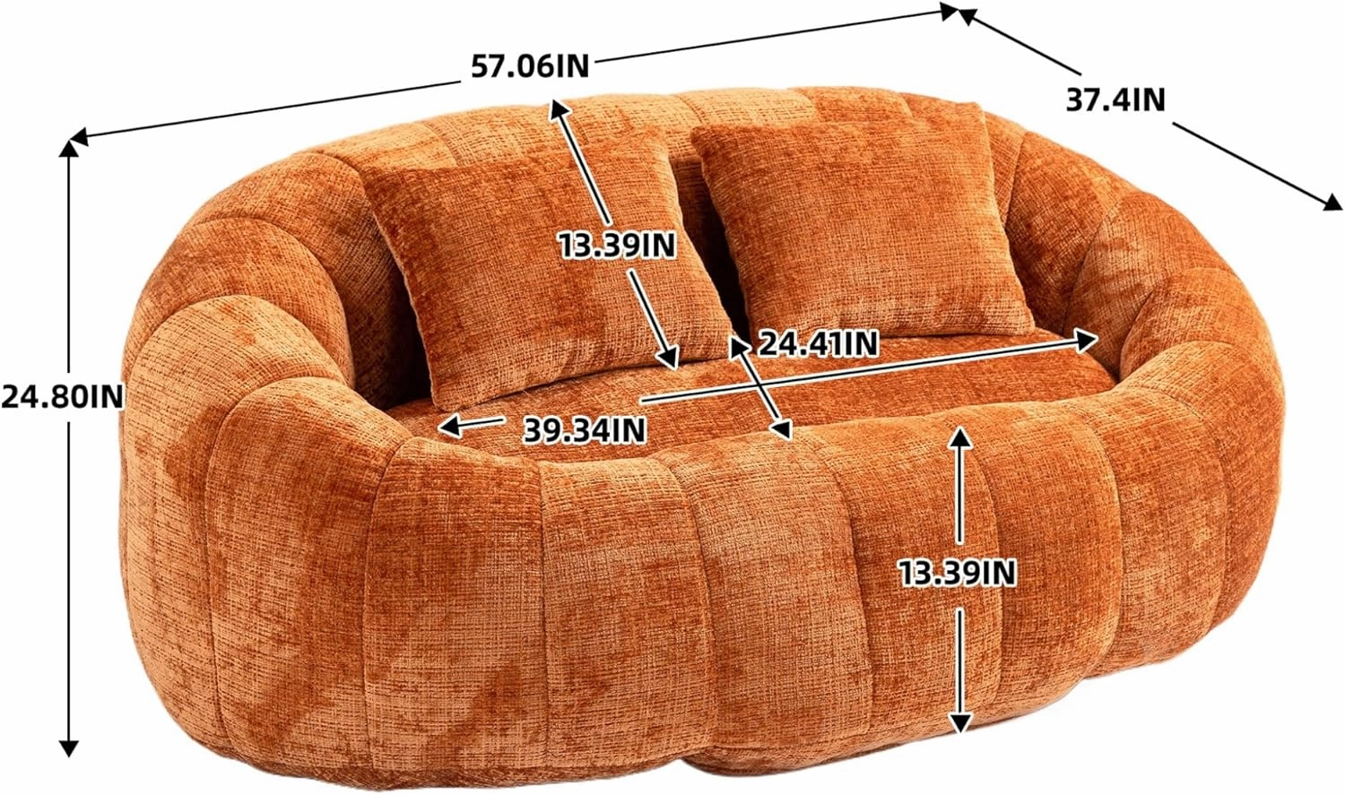 Giant Bean Bag Chair Couch, 59''W Oversized Bean Bag Sofa with Foam Filler, Lazy Loveseat Chair with 2 Pillows, Beanbag Lounger for Living Room, Game Room (Orange)
