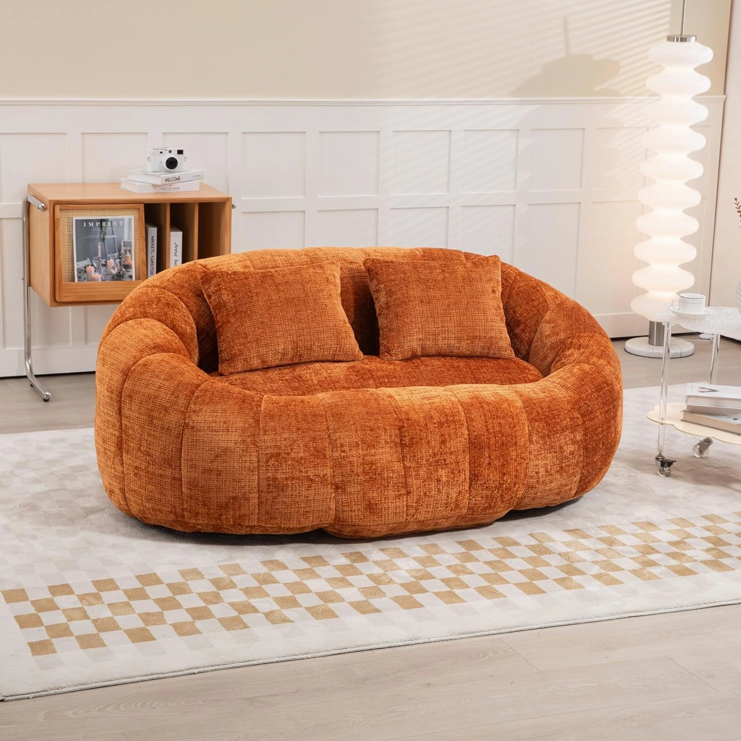 Giant Bean Bag Chair Couch, 59''W Oversized Bean Bag Sofa with Foam Filler, Lazy Loveseat Chair with 2 Pillows, Beanbag Lounger for Living Room, Game Room (Orange)