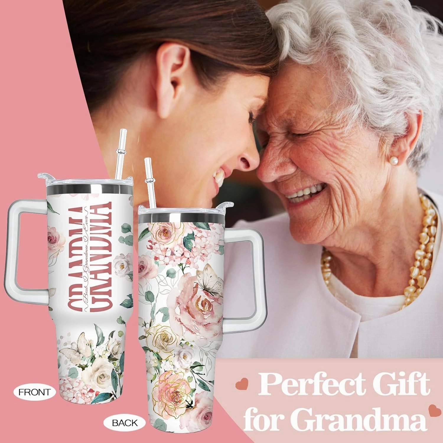 Gifts for Grandma Grandmother Gift from Grandson Granddaughter on Birthday Mothers Day&Christmas 40 oz Tumblers with Handle and Straw Stainless Steel Insulated Travel Coffee Cup Mug