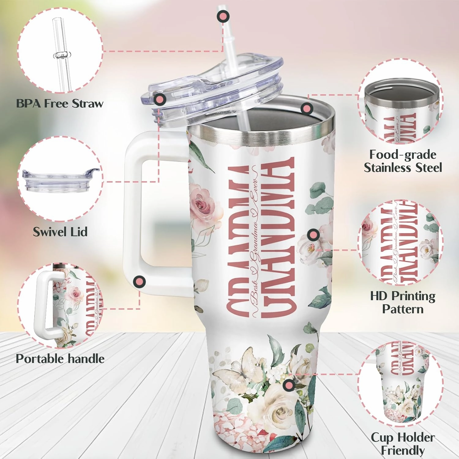 Gifts for Grandma Grandmother Gift from Grandson Granddaughter on Birthday Mothers Day&Christmas 40 oz Tumblers with Handle and Straw Stainless Steel Insulated Travel Coffee Cup Mug