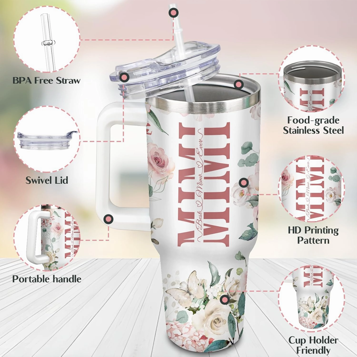 Gifts for Mimi Grandmother Gift from Grandson Granddaughter on Birthday Mothers Day&Christmas 30 oz Tumblers with Handle and Straw Stainless Steel Insulated Travel Coffee Cup Mug