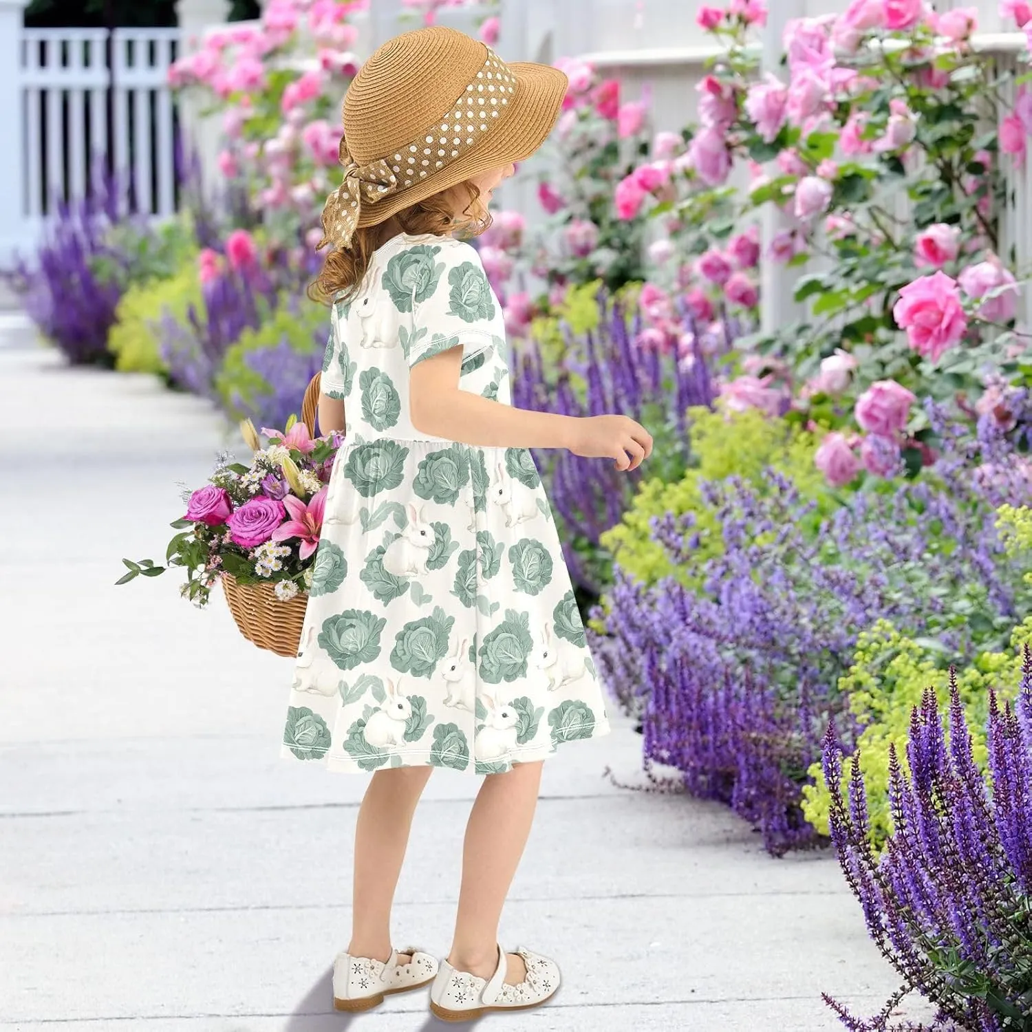 Girls' Short-Sleeve Dress Cabbage Cute Bunny Summer A-Line Swing Cute Sundress 2T-8T