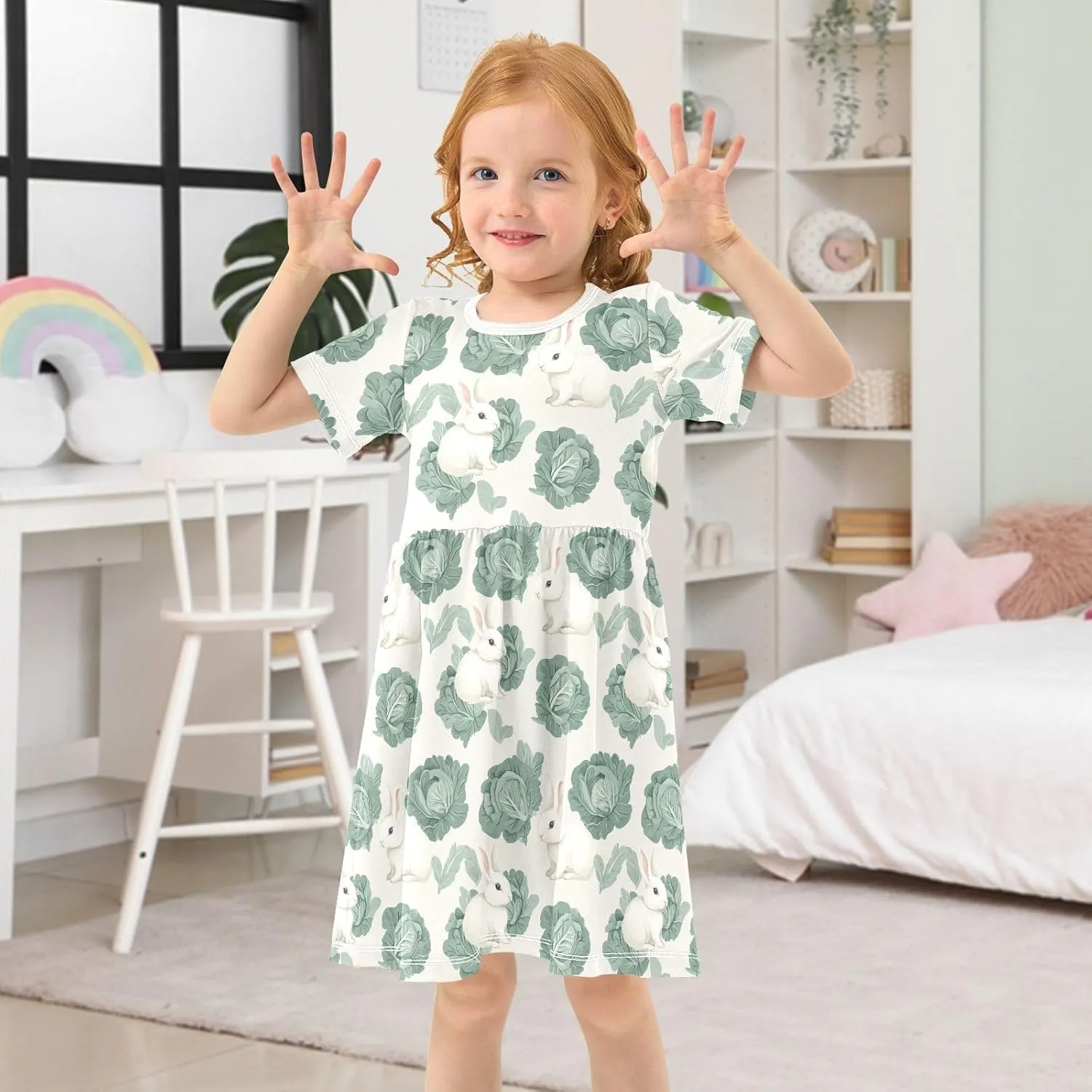 Girls' Short-Sleeve Dress Cabbage Cute Bunny Summer A-Line Swing Cute Sundress 2T-8T
