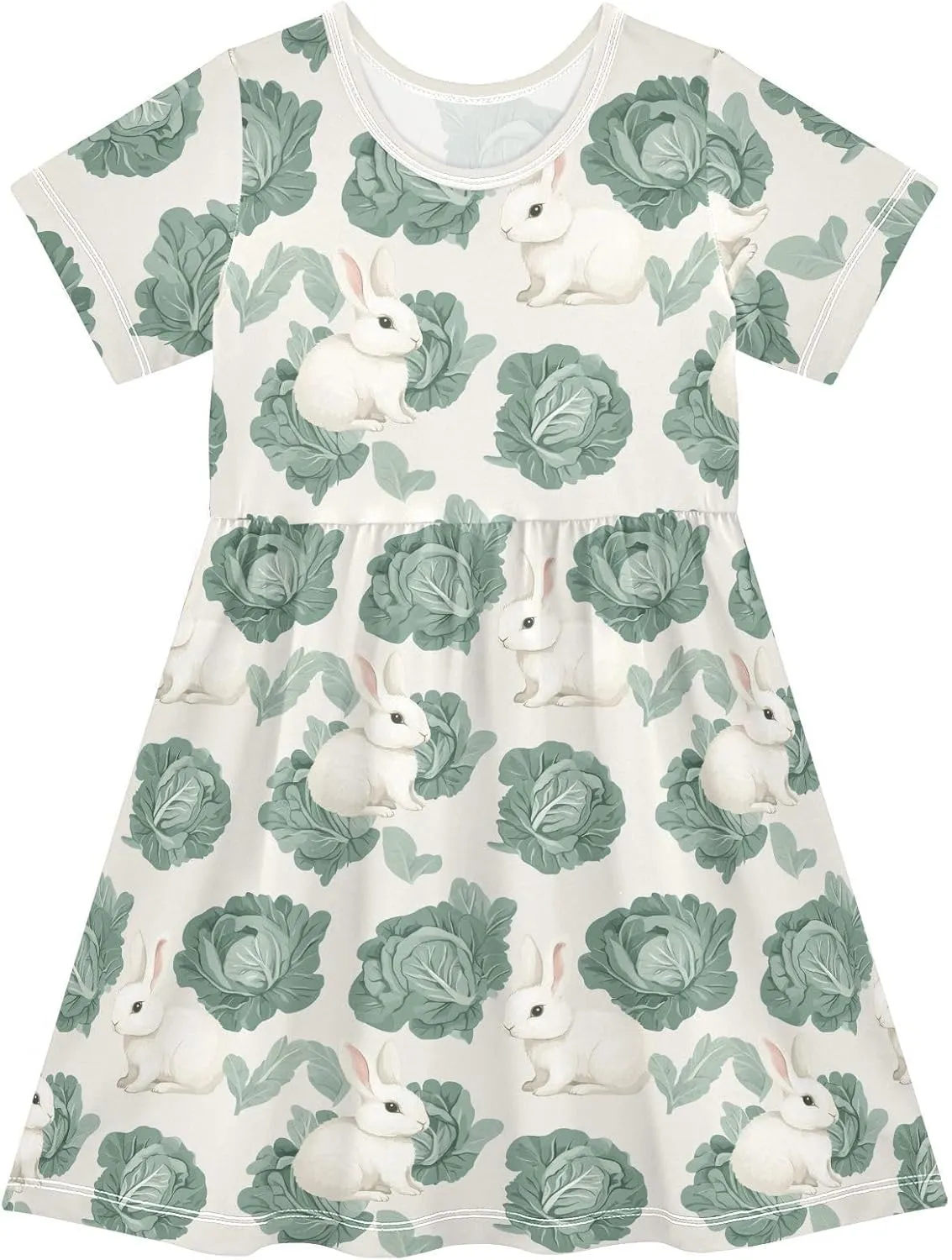 Girls' Short-Sleeve Dress Cabbage Cute Bunny Summer A-Line Swing Cute Sundress 2T-8T