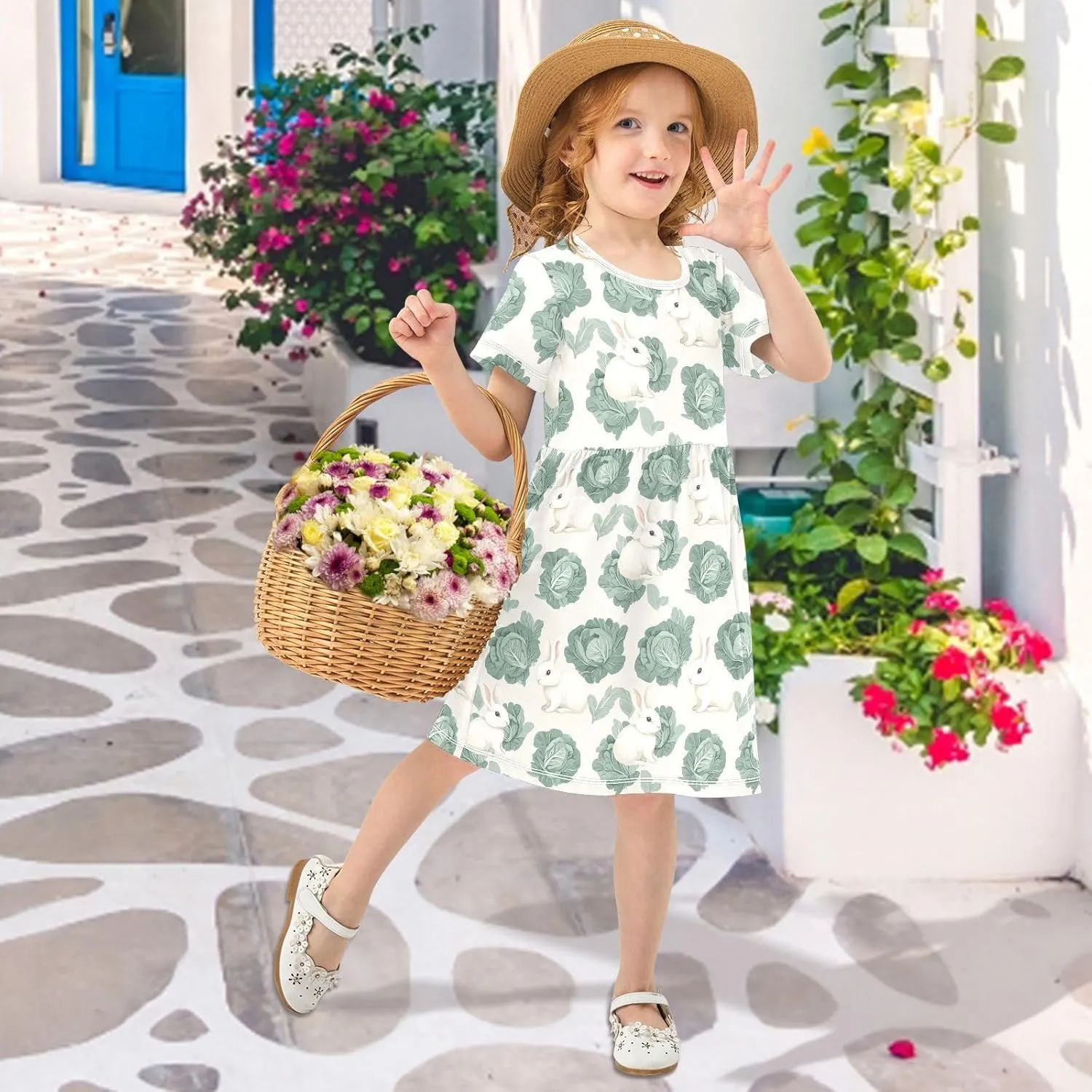 Girls' Short-Sleeve Dress Cabbage Cute Bunny Summer A-Line Swing Cute Sundress 2T-8T