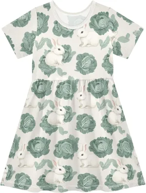 Girls' Short-Sleeve Dress Cabbage Cute Bunny Summer A-Line Swing Cute Sundress 2T-8T