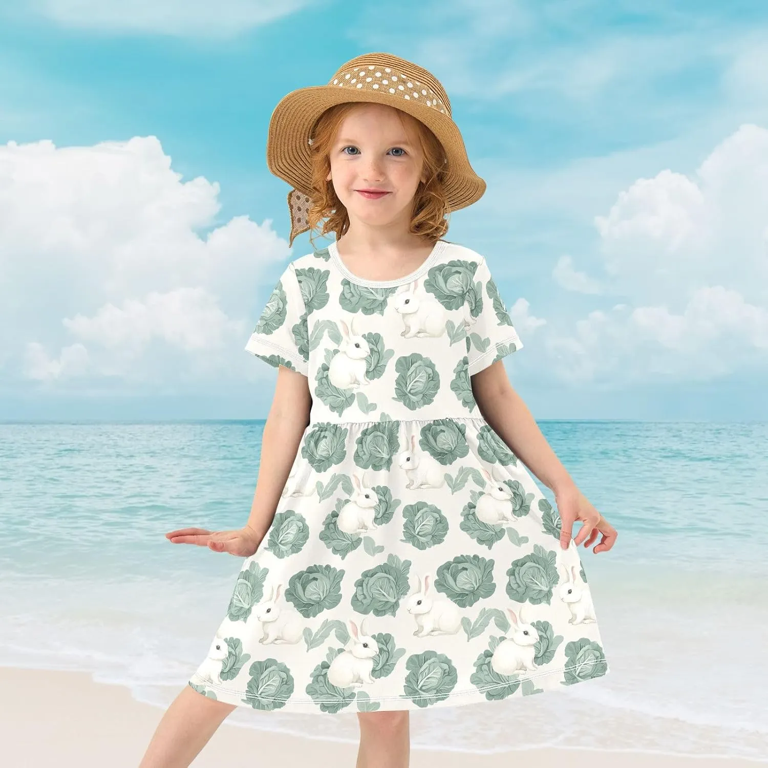 Girls' Short-Sleeve Dress Cabbage Cute Bunny Summer A-Line Swing Cute Sundress 2T-8T