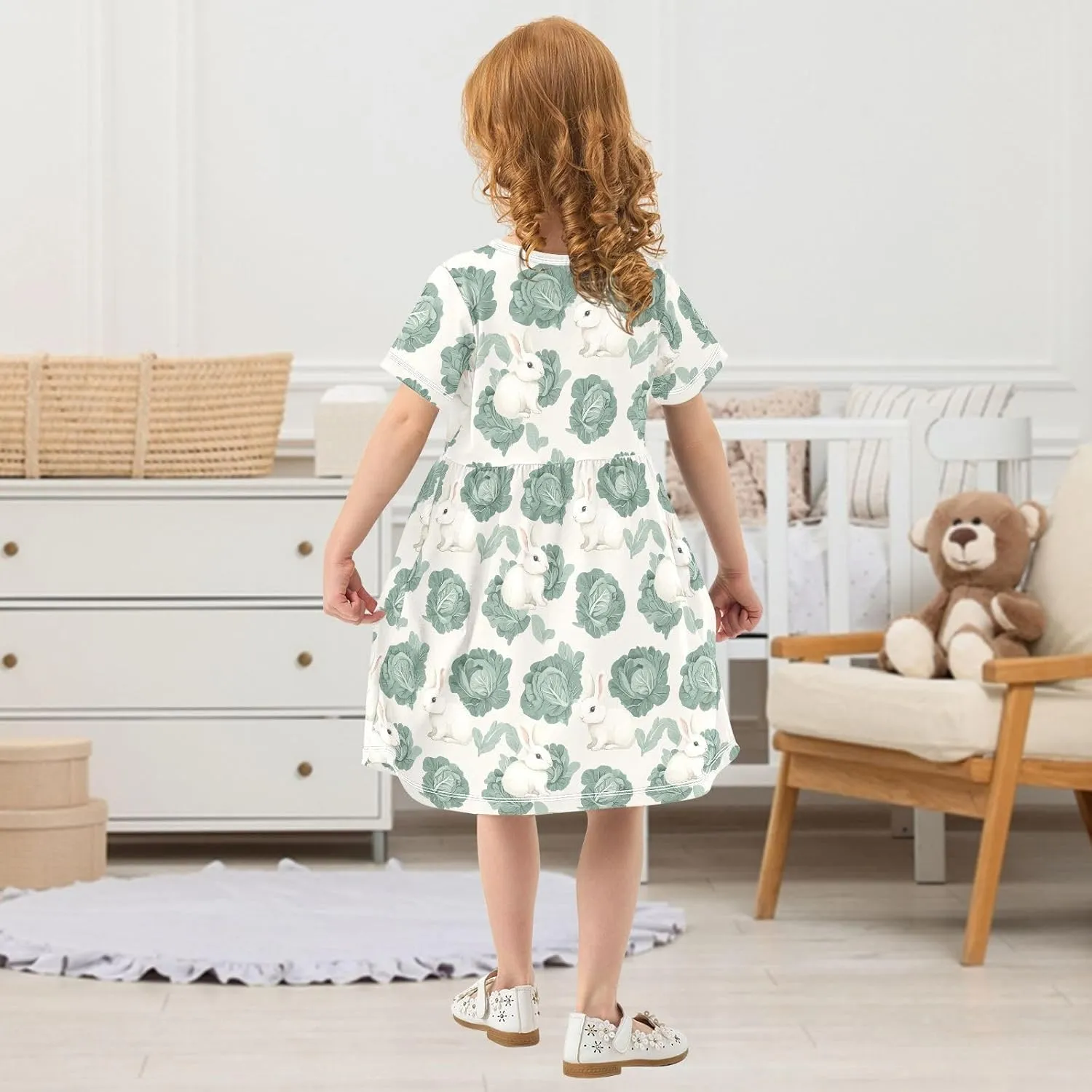 Girls' Short-Sleeve Dress Cabbage Cute Bunny Summer A-Line Swing Cute Sundress 2T-8T