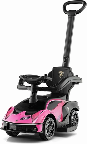 GLACER 3-in-1 Licensed Lamborghini Ride on Push Car, Kid’s Toy Stroller w/Push Handle, Armrest Guardrail, Under Seat Storage, Horn, Extendable Footrest, Sliding Walker for Boys & Girls (Pink)