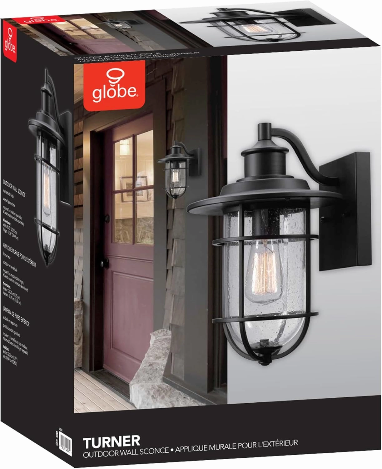 GLOBE Electric 44094 1-Light Outdoor/Indoor Wall Sconce, Black Finish, Seeded Glass Shade, Coastal Modern Design, Weather-Resistant, E26 Base