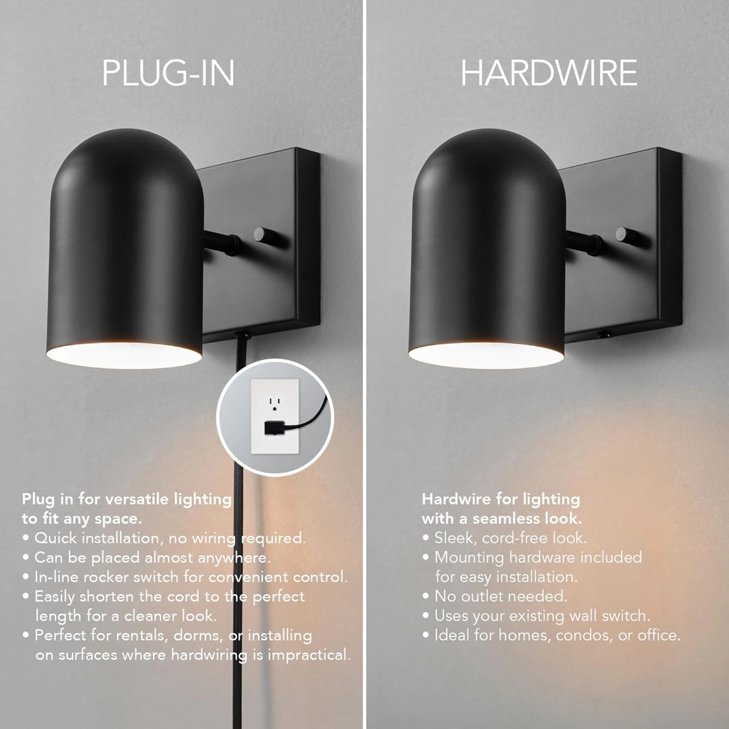 GLOBE Electric 65000098 1-Light Plug-in or Hardwire Wall Sconce, Matte Black, 6ft Black Braided Fabric Cord, in-Line Rocker Switch, Wall Lights for Living Room, Home Décor