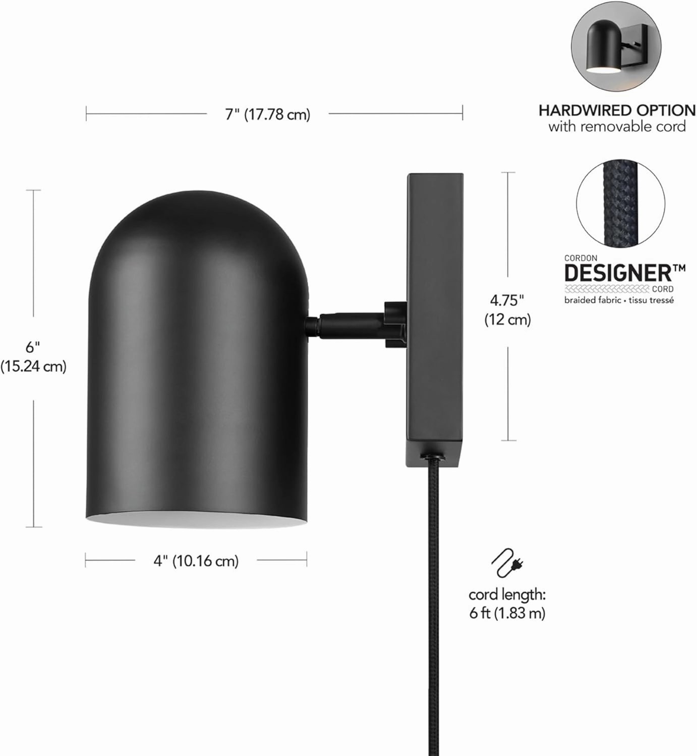 GLOBE Electric 65000098 1-Light Plug-in or Hardwire Wall Sconce, Matte Black, 6ft Black Braided Fabric Cord, in-Line Rocker Switch, Wall Lights for Living Room, Home Décor