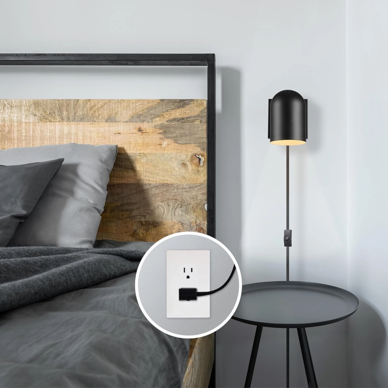 GLOBE Electric 65000098 1-Light Plug-in or Hardwire Wall Sconce, Matte Black, 6ft Black Braided Fabric Cord, in-Line Rocker Switch, Wall Lights for Living Room, Home Décor