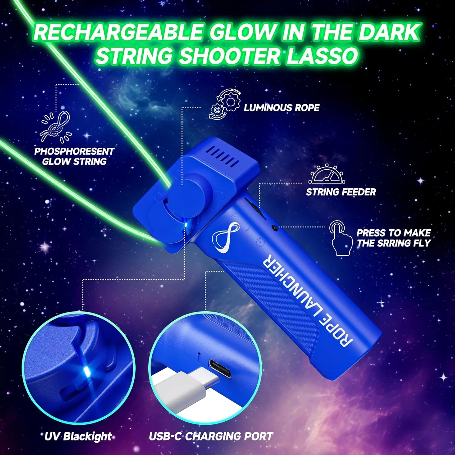 Glow in The Dark String Shooter, Luminous Rope Launcher, Lasso Stress Relief Toy for Adults and Children 6 , Hand Held Pressure Reducer LED, Birthday Gift