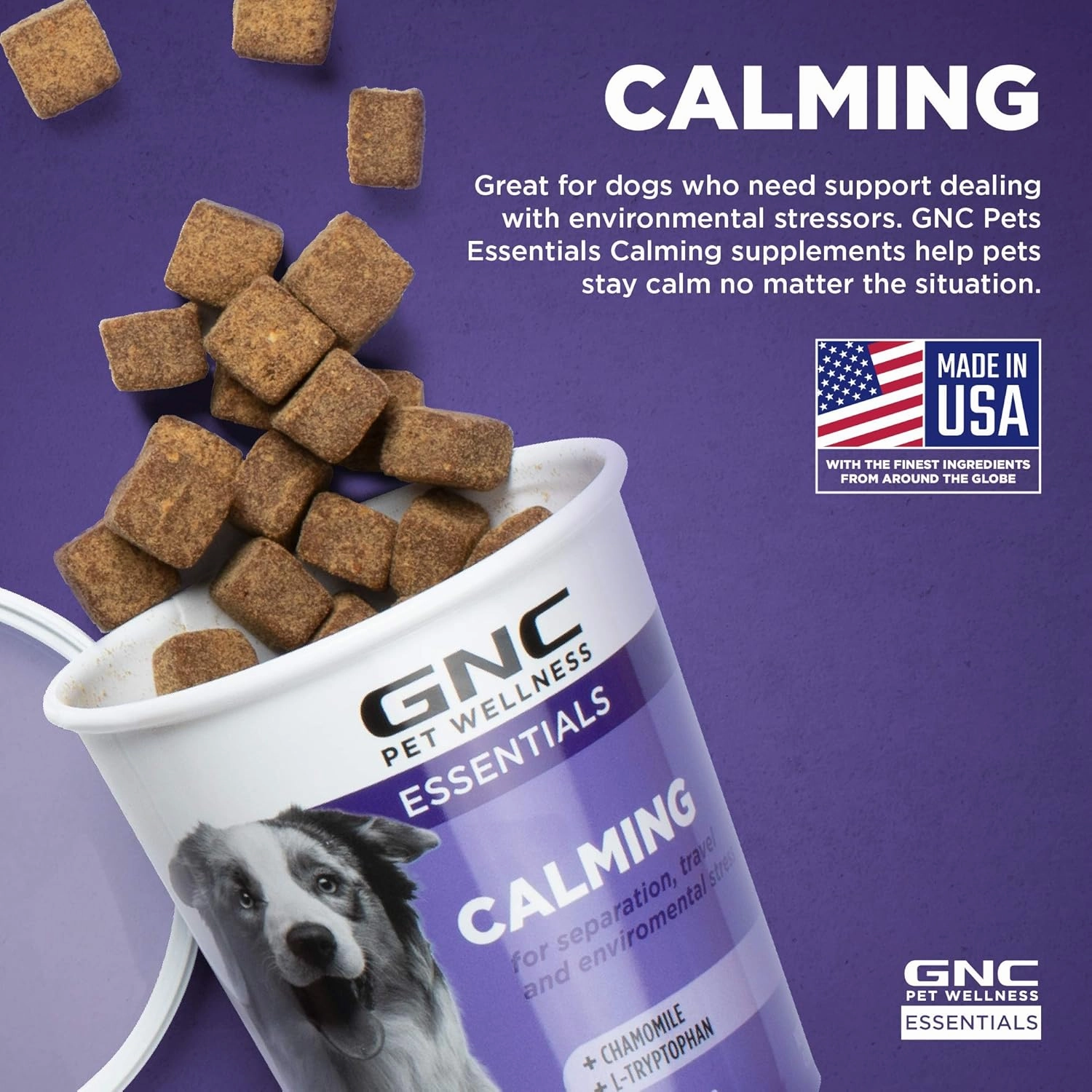 GNC for Pets Essentials Calming Soft Chew Dog Supplements | 60 Ct Bacon Flavor Dog Soft Chew Supplements for Calming and Relaxation | Adult Dog Calming Chews for Anxiety, White