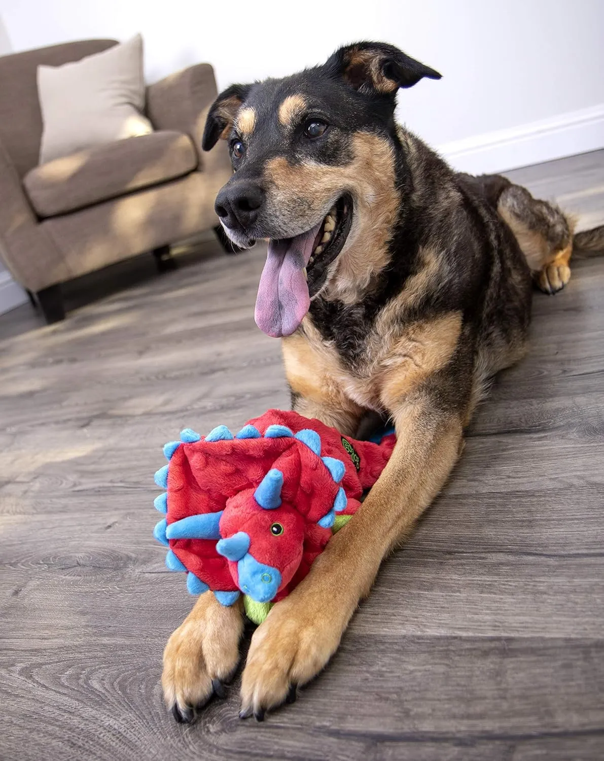 goDog Dinos Frills Squeaky Plush Dog Toy, Chew Guard Technology - Red, Large