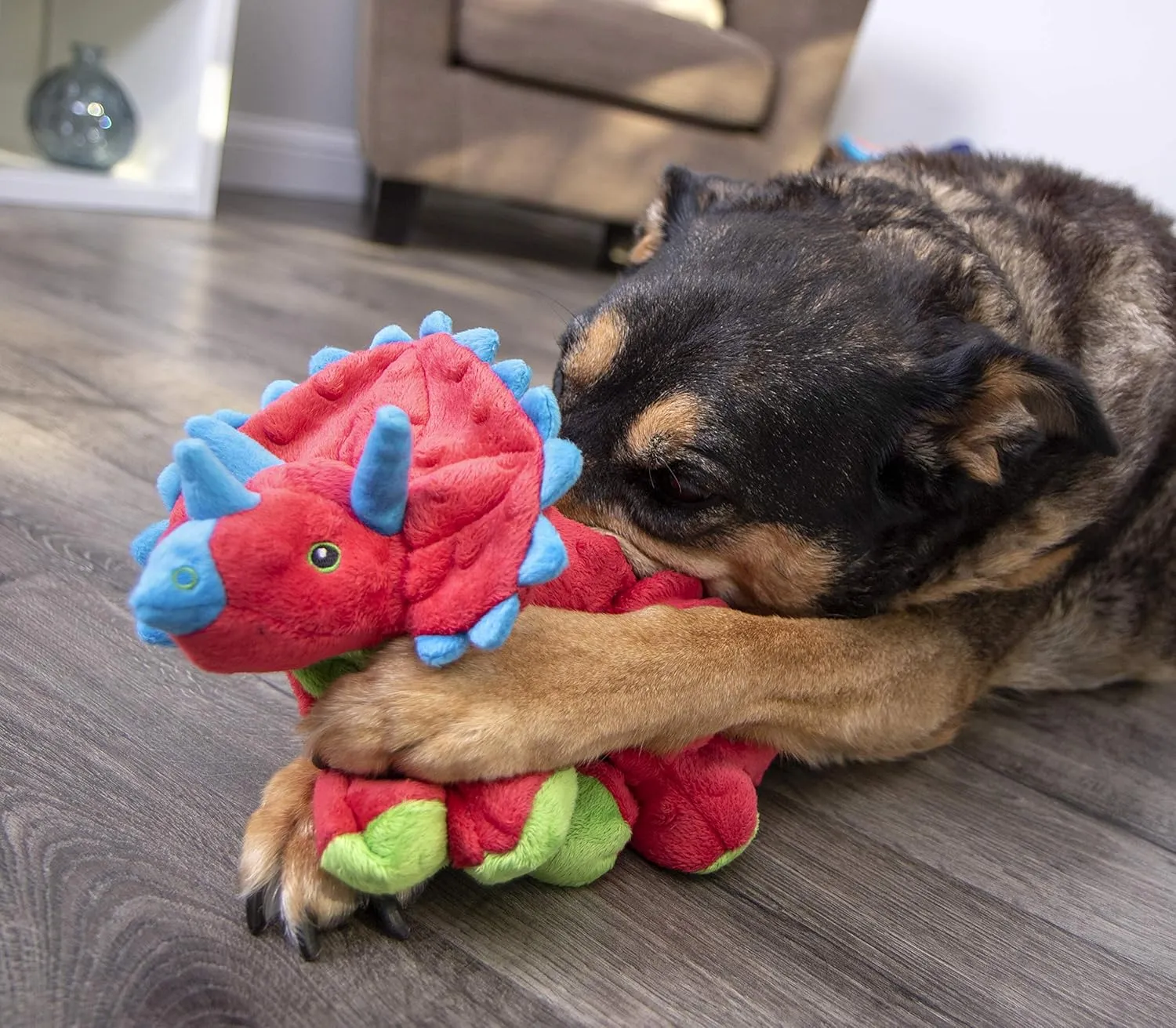 goDog Dinos Frills Squeaky Plush Dog Toy, Chew Guard Technology - Red, Large