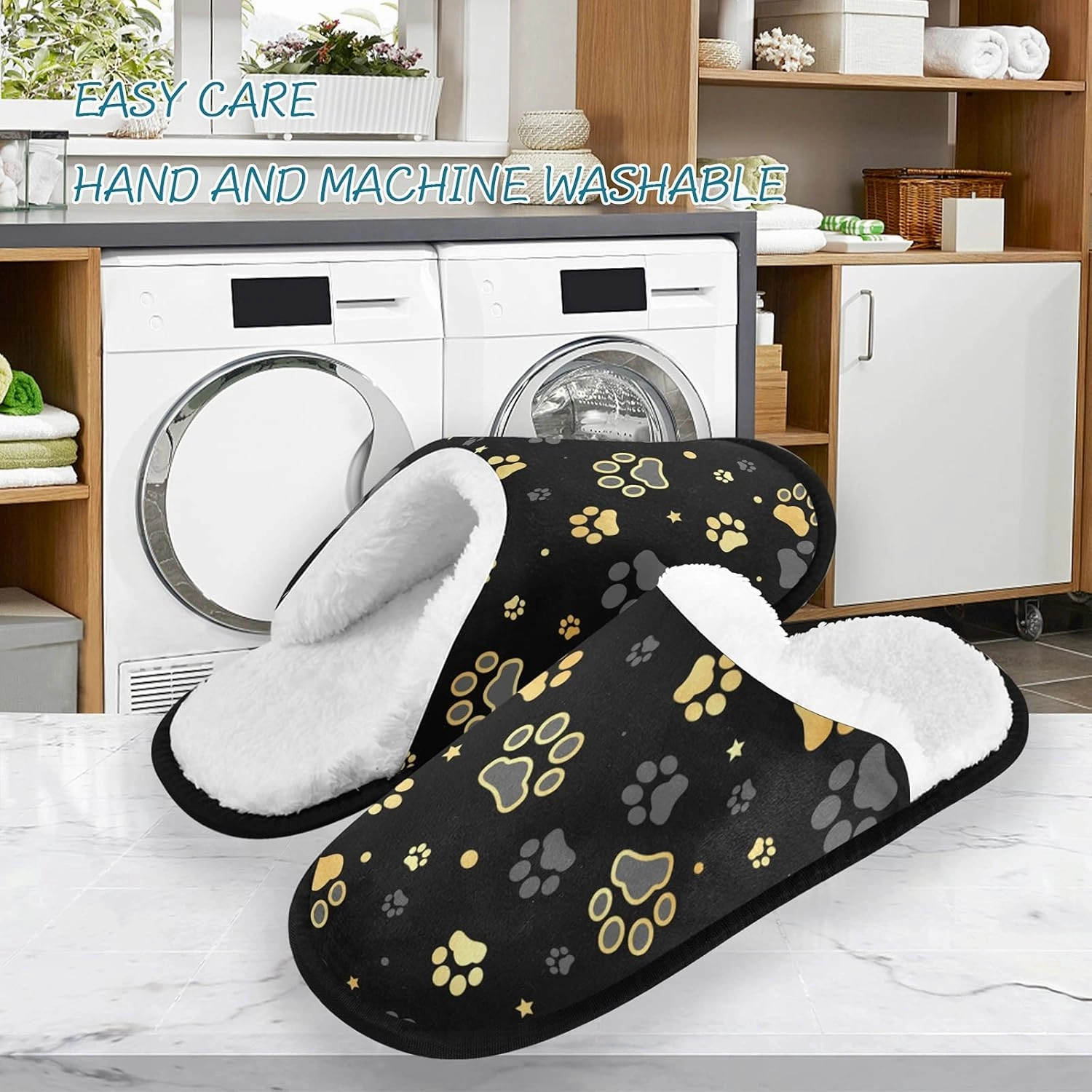Gold Dog Paw Print Spa Slippers Funny Animal House Slippers Non Slip Memory Foam Closed Toe Travel Slippers Hotel Home Shoes for Women Men L