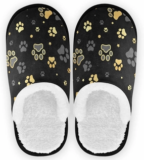 Gold Dog Paw Print Spa Slippers Funny Animal House Slippers Non Slip Memory Foam Closed Toe Travel Slippers Hotel Home Shoes for Women Men L