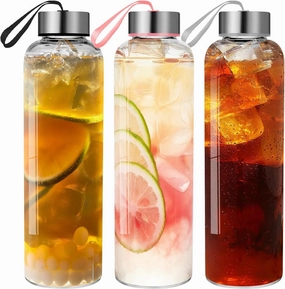 GoldArea Glass Water Bottles - 3 Packs 18oz Glass Bottles with Lids for Juice, Juice Cleanses, and Reusable Juicing Bottles, Wide Mouth Liquid Storage Containers for Refrigerator