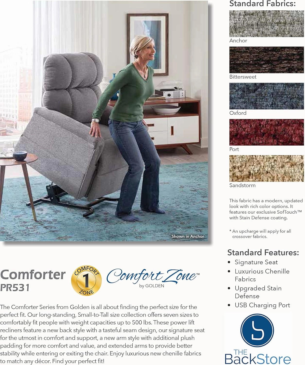 Golden Technologies Comforter Series PR-531-TAL Tall PR531M 375 lb. Weight Capacity 3 Position Power Lift Chair Recliner - Anchor Fabric