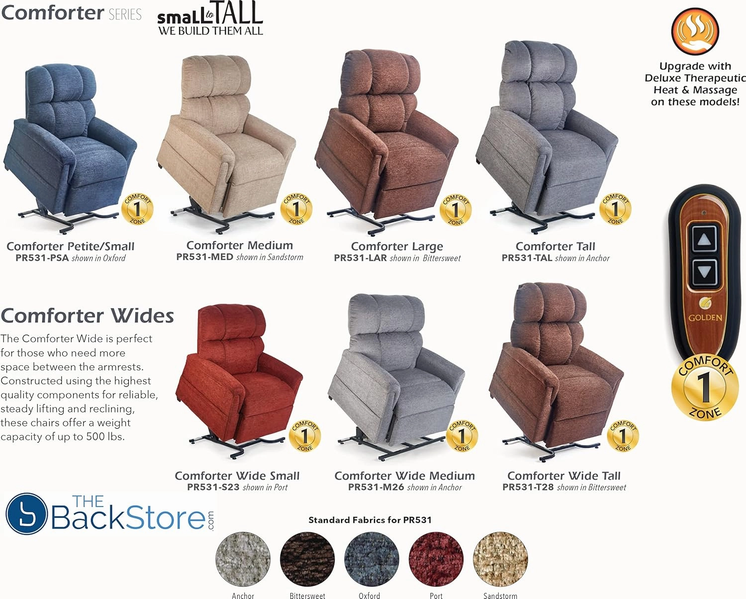 Golden Technologies Comforter Series PR-531-TAL Tall PR531M 375 lb. Weight Capacity 3 Position Power Lift Chair Recliner - Anchor Fabric