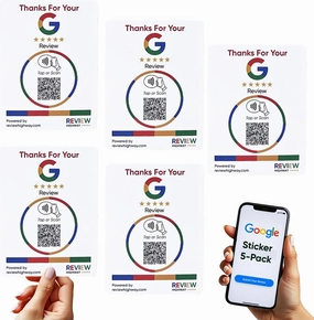 Google Review Sticker (5 Stickers) - NFC Tap & Smart QR Code for Instant Reviews - Works on All Phones - Reusable Zappy Speed & Pop - Boost Business Reviews by Review Highway - North America Made