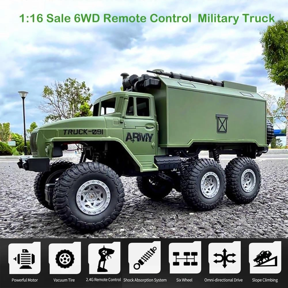 GoolRC RC Military Truck, 1:16 Scale 6WD Remote Control Car, Off-Road RC Crawler, RC Army Cars with LED Light and 2 Batteries, All Terrain RC Military Transport Truck for Kids and Adults