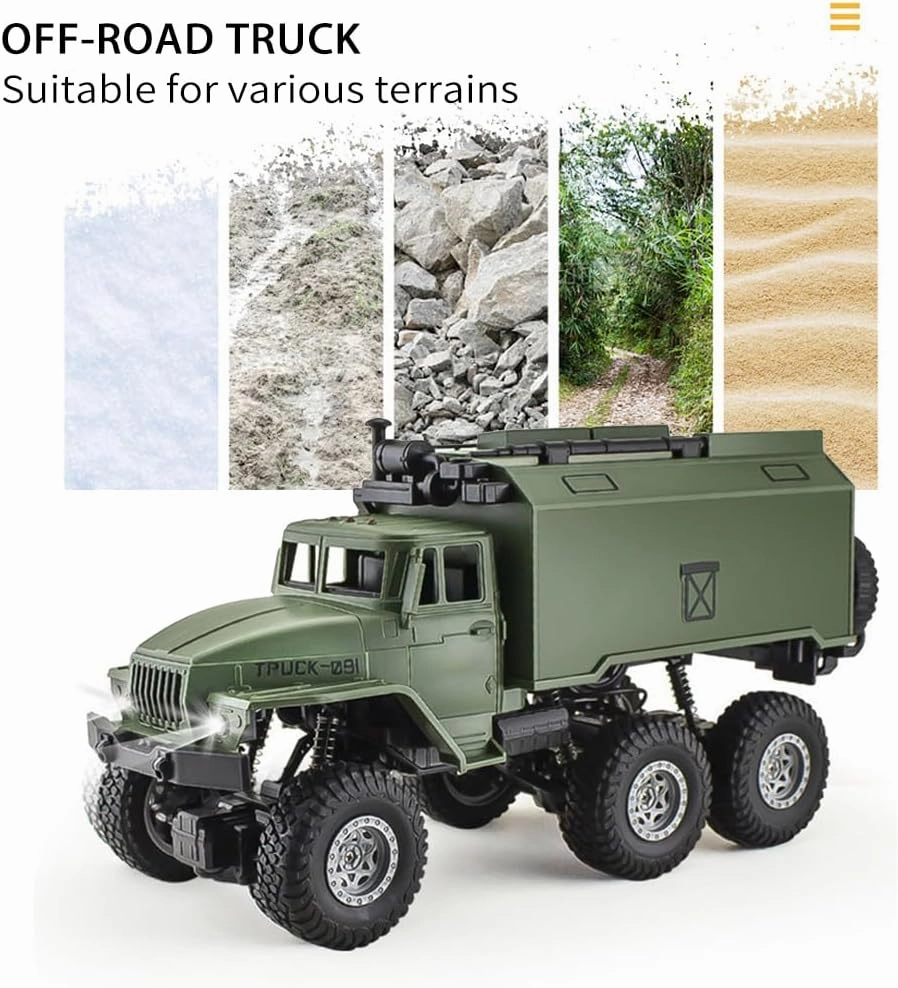 GoolRC RC Military Truck, 1:16 Scale 6WD Remote Control Car, Off-Road RC Crawler, RC Army Cars with LED Light and 2 Batteries, All Terrain RC Military Transport Truck for Kids and Adults
