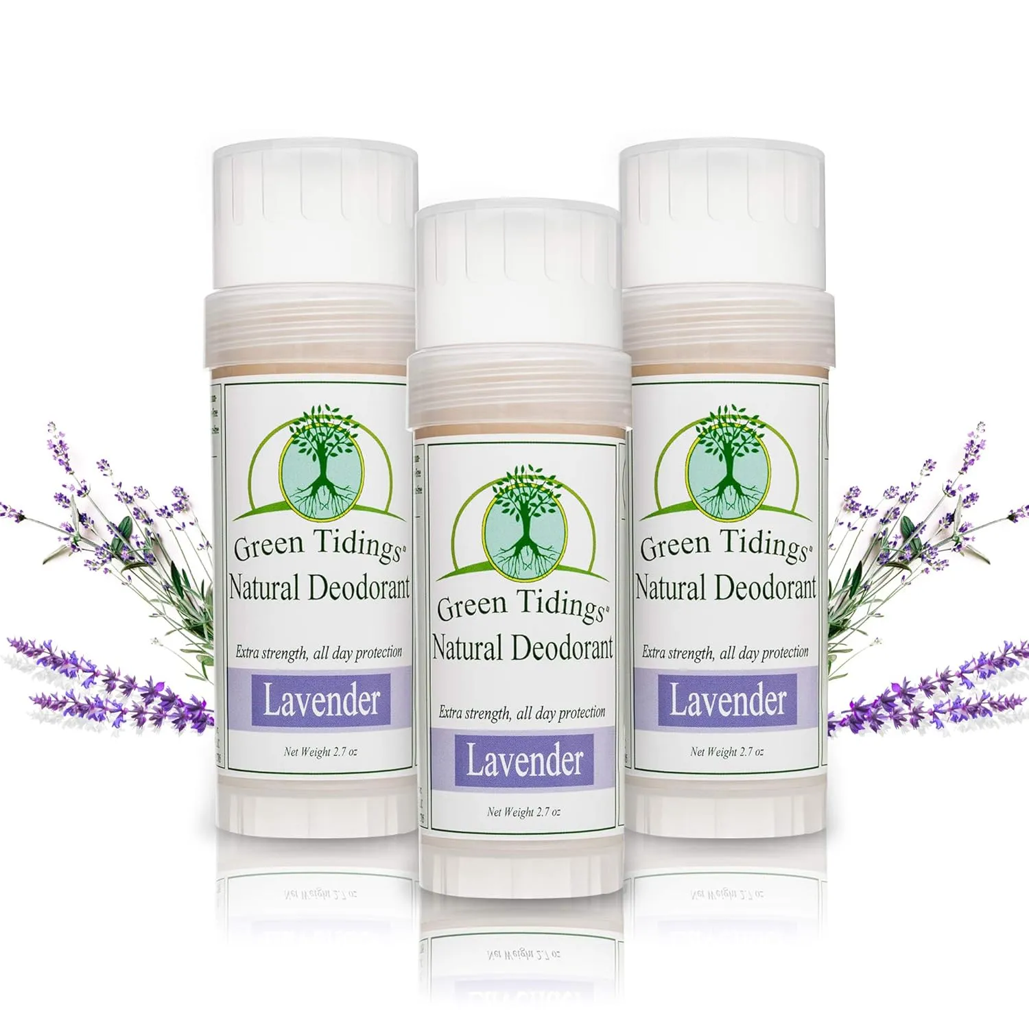 Green Tidings Natural Lavender Deodorant | Vegan, Organic for Men and Women, Fragrance Free & Aluminum Free, Underarm Antiperspirant (Lavender, 2.7 Ounces (3 Pack))