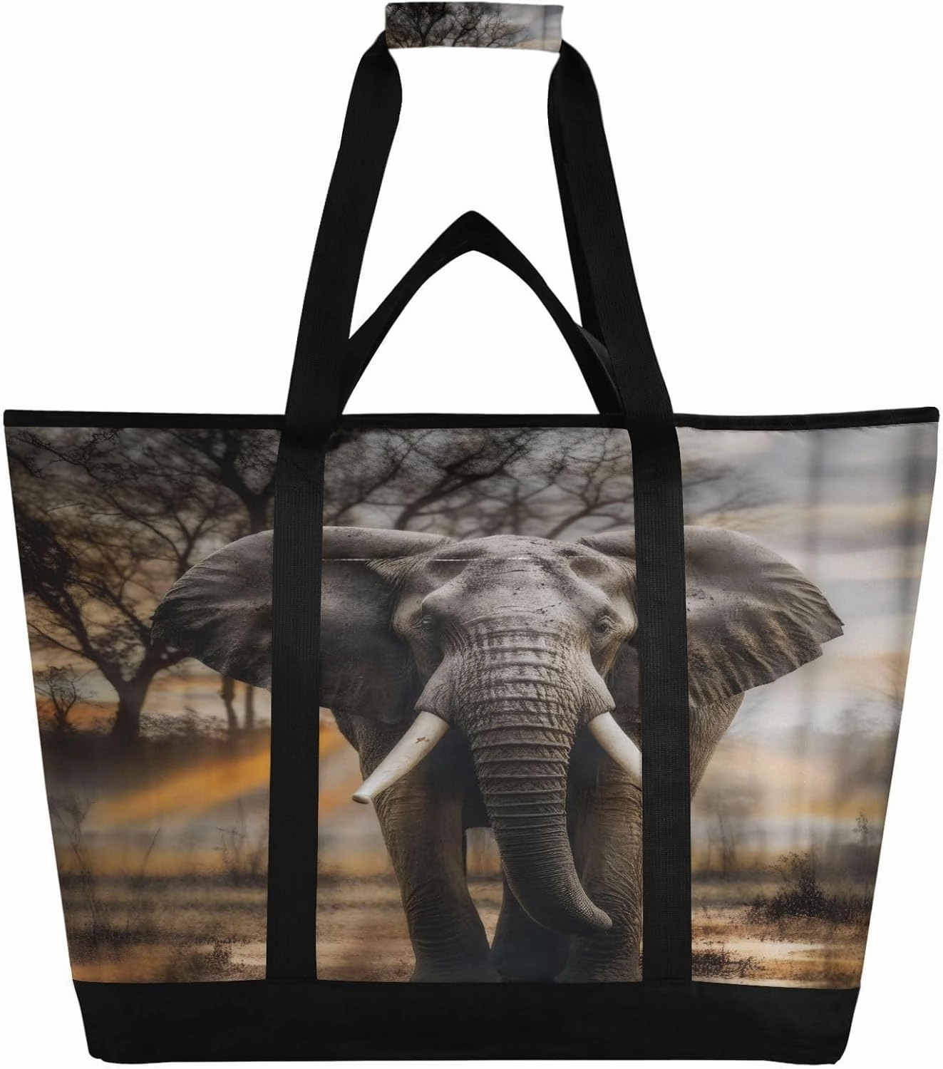 Grey Elephant Tropical African Reusable Insulated Lunchbox Cooler Bag, Leakproof Kitchen Grocery Bag Collapsible Portable Cooler Tote Bag for Picnic, Camping, Office, Travel
