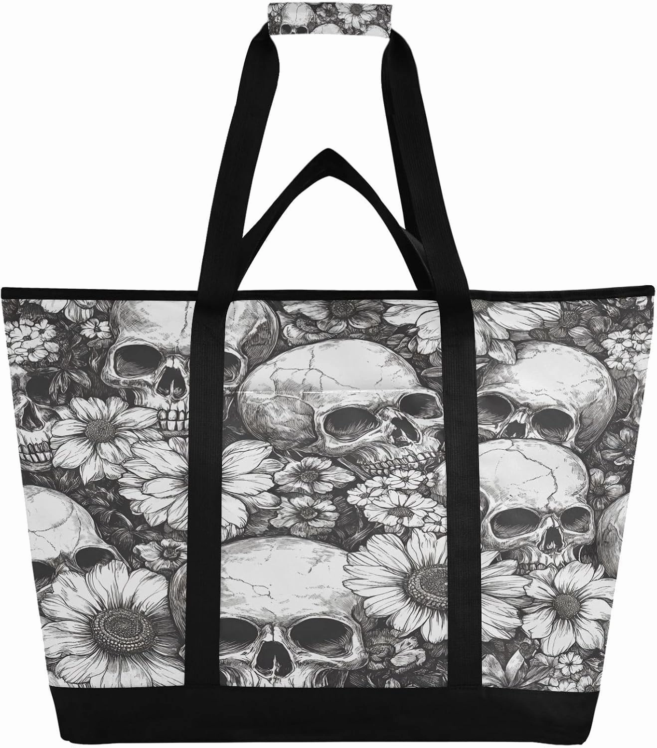 Grey Flowers and Skulls Reusable Insulated Lunchbox Cooler Bag, Leakproof Kitchen Grocery Bag Collapsible Portable Cooler Tote Bag for Picnic, Camping, Office, Travel