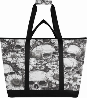 Grey Flowers and Skulls Reusable Insulated Lunchbox Cooler Bag, Leakproof Kitchen Grocery Bag Collapsible Portable Cooler Tote Bag for Picnic, Camping, Office, Travel