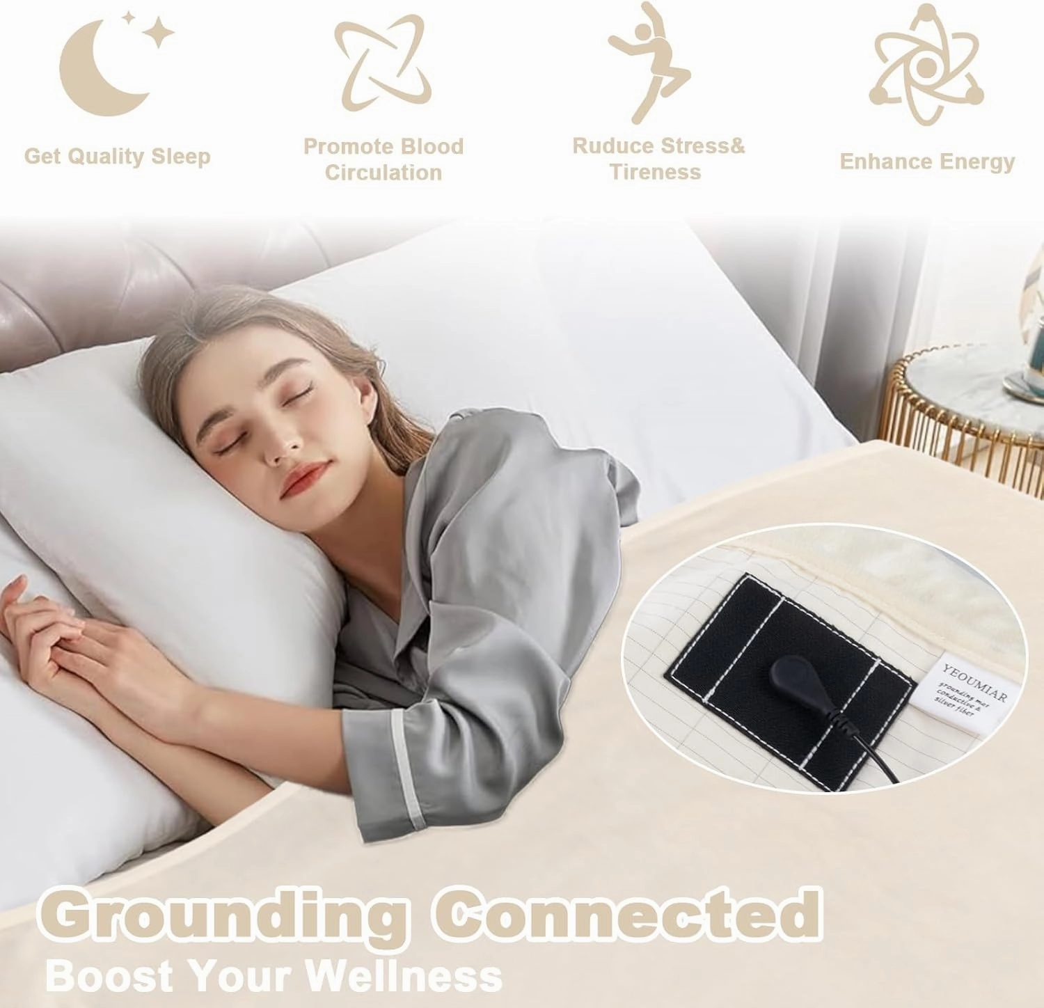 Grounding Blanket 60x80 inch Grounding Sheets Queen, Grounding Mat for Improved Sleep, Relieving Pain,Conductive Grounded Mats with Grounding Cord (Cream)
