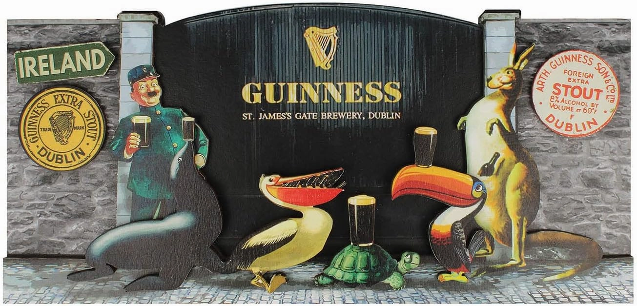 Guinness Wooden Sign - 3D St Jamses Gate and Classic Guinness Zoo Animals Design (30cm x 15cm)