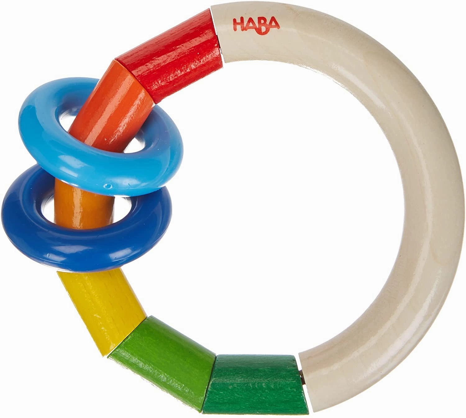 HABA Wooden Rainbow Teething Rattle Toy for Babies 0-18 Months - Kringlering Wood Grasping Toy with Plastic Rings - Sensory Toys for Babies, Made in Germany