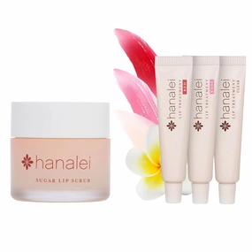 Hanalei Sugar Lip Scrub and Travel-size 3 pack Lip Treatment (Multi-colored) Bundle, Made with Raw Cane Sugar and Real Hawaiian Kukui Nut Oil (Cruelty free, Paraben free)