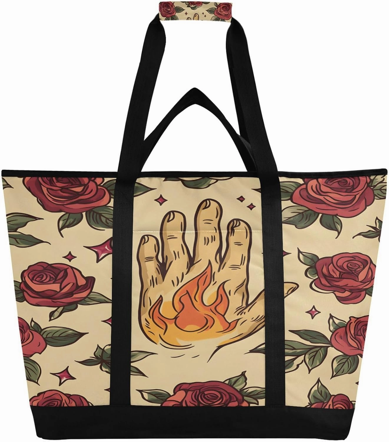 Hand with Fire Tattoo Reusable Insulated Lunchbox Cooler Bag, Leakproof Kitchen Grocery Bag Collapsible Portable Cooler Tote Bag for Picnic, Camping, Office, Travel