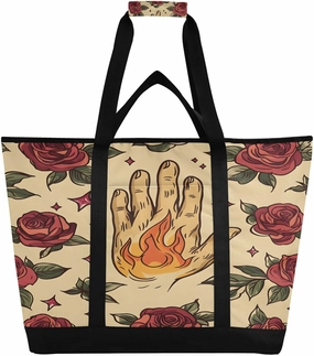 Hand with Fire Tattoo Reusable Insulated Lunchbox Cooler Bag, Leakproof Kitchen Grocery Bag Collapsible Portable Cooler Tote Bag for Picnic, Camping, Office, Travel