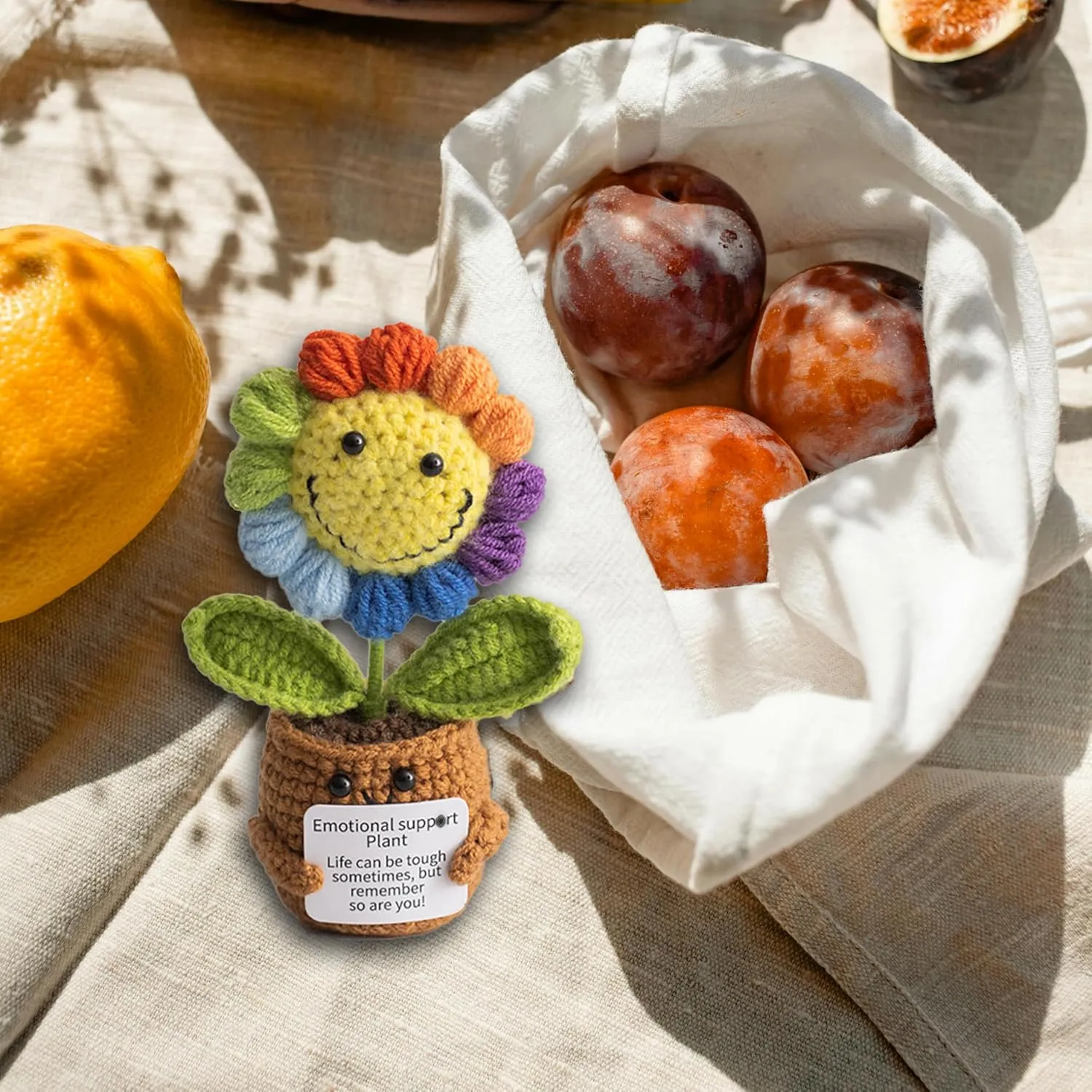 Handmade Crochet Sunflower Doll - Emotional Support Gift for Women, Therapy Plush Toy with Stand, Self Care Mental Health Decor, Birthday Valentines Gift